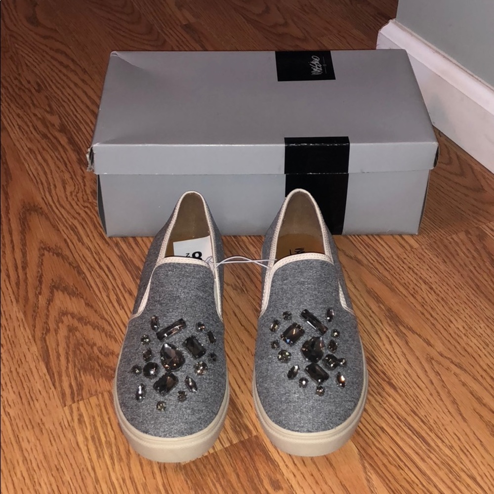 Gray slip ons with rhinestones